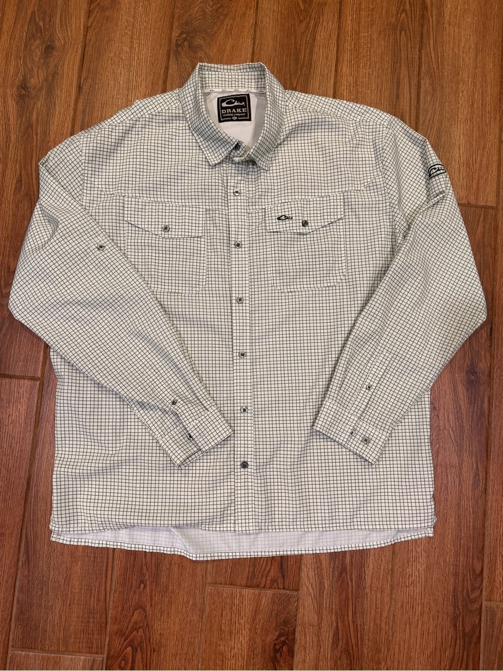 Drake Men's White and green Checked Long-Sleeve Button-Down Shirt / XL